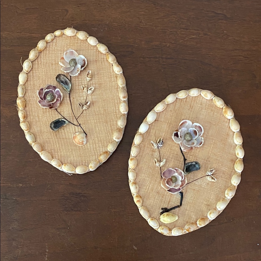 Pair of Oval Sea Shell Flowers on Burlap Vintage Wall Art made in Philippines